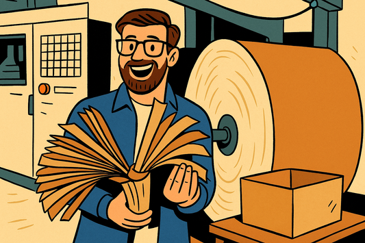 Un hombre con pelo y barba de color marrón y gafas que sujeta retazos de papel kraft y trabaja en una fabrica de cartón, donde se ve detrás de él una máquina que tiene cargada una bobina de papel kraft marrón.